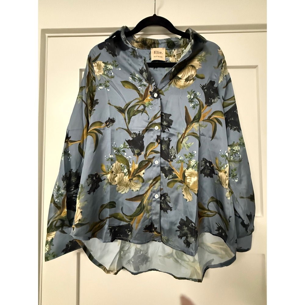 Elie Tahari Blue Floral Satin Button Down Blouse Long Sleeve EH341096 Mens M